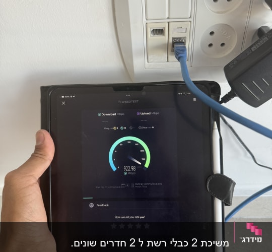 מד מהירות אינטרנט על טאבלט מחובר לכבל רשת ושקע קיר